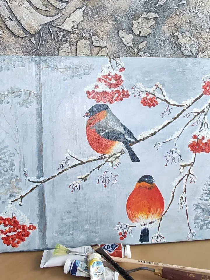 Bullfinches in winter oil on canvas 40*30 cm snow mountain ash birds
