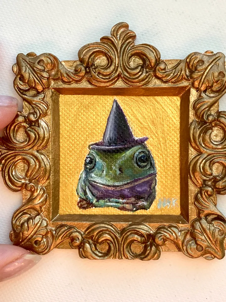 Framed Frog Painting Original Witch Frog Artwork Amphibians Art Tiny Oil Painting