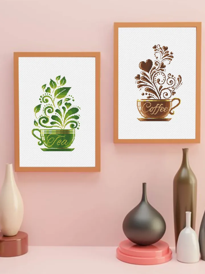 Coffee tea set cross stitch pattern download PDF Modern sampler coffee embroidery beginners Easy cute cross stitch kitchen decoration #S61