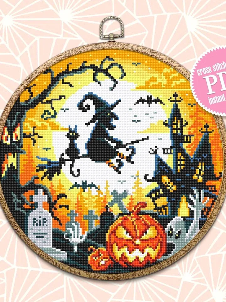 Halloween cross stitch pattern download PDF Halloween moon cross stitch chart Spooky cross stitch Cute Halloween witch Magic embroidery #H26
