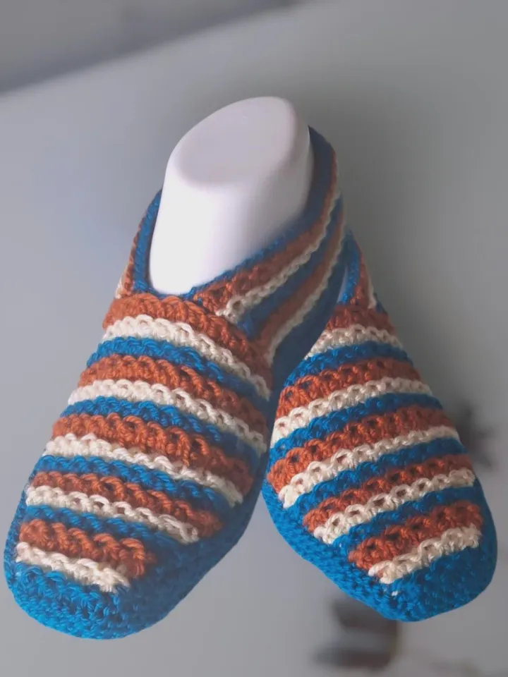 Blue Tan and White Color Wool Slippers - Handmade Cozy House Shoes