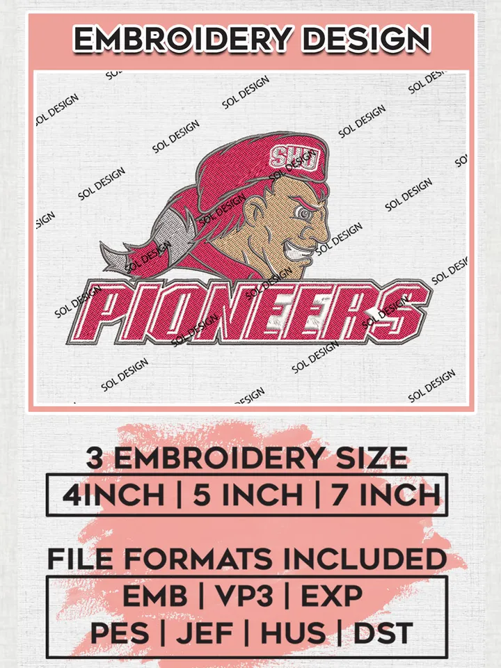 NCAA Pioneers Team Head Mascot Logo Embroidery Design Files, NCAA Sacred Heart Pioneers Machine Embroidery, NCAA Teams, 3 sizes, NCAA Machine embroidery designs, Digital Download