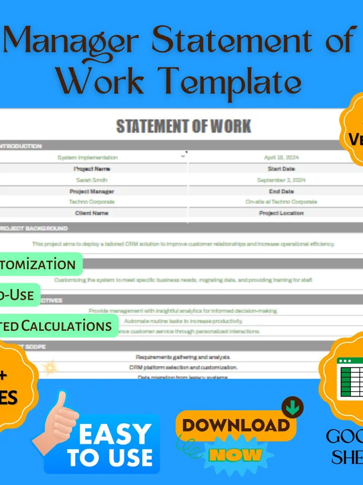 Manager Statement of Work Template, Leadership Role Scope, SOW Agreement Form, Google Sheets Work Planner