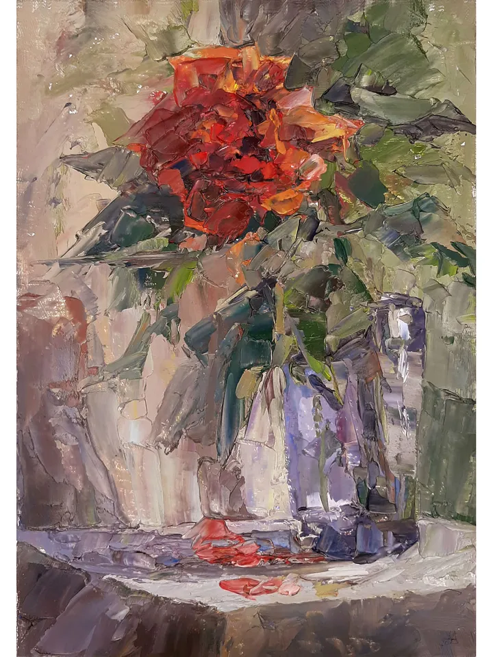 Red Rose PAINTING 8,5x5,7" ORIGINAL Flower Artwork Signed by artist Marina Chuchko Oil Painting Impressionist Hand Painted Art
