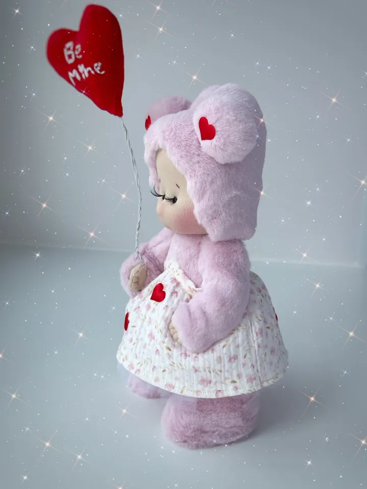 Memory bear doll. Handmade Valentine doll. Soft plush doll with heart. Gift for her.