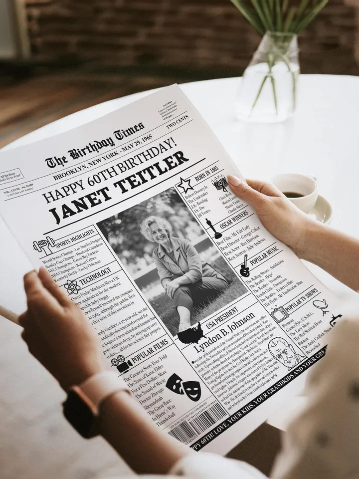 60th Birthday Newspaper Poster for Mom and Dad – Born in 1965 Sign, Back in 1965 Printable Gift, Vintage 60th Birthday Decorations