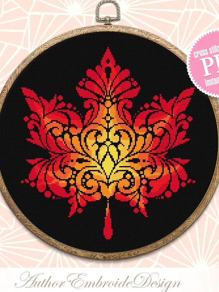Maple leaf mandala cross stitch pattern PDF download Autumn leaf cross stitch chart, Fall hand embroidery PDF, Vintage leaf ornament #M211