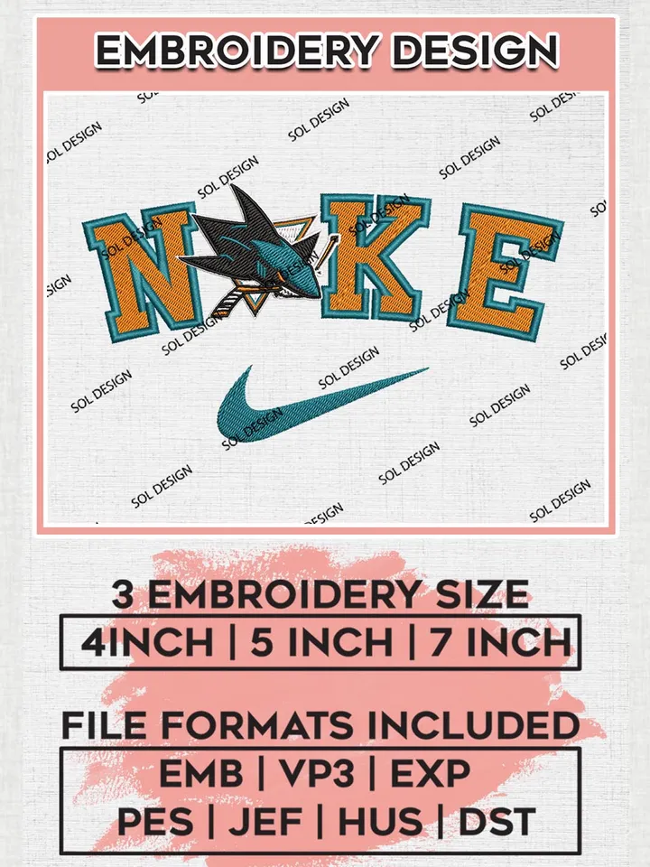 Nike San Jose Sharks Machine Embroidery Files, NHL San Jose Sharks Embroidery Designs, NHL Sharks Logo, NHL Machine Embroidery Designs, Digital Download