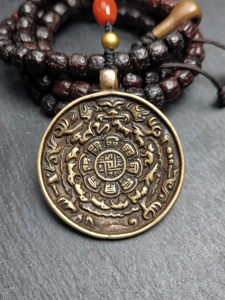 Gandhanra Vintage Tibetan Buddhist Calendar Amulet Sipaho Badge - Lima Brass Melong Mirror Protective Charm Feng Shui Pendant,45mm