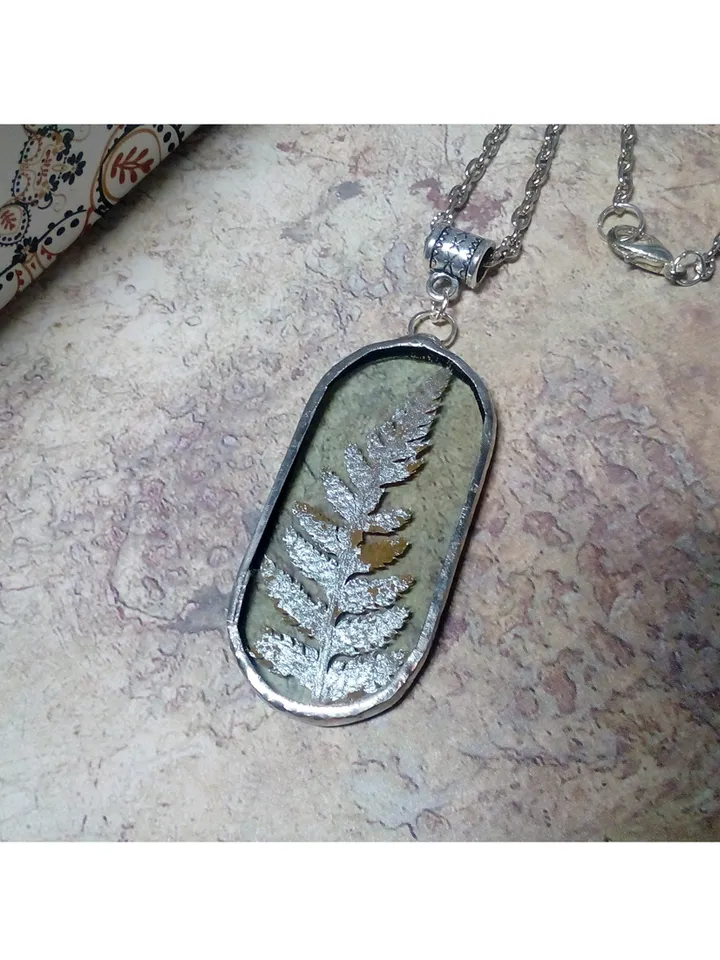 Valentine necklace, Stained glass necklace, pressed fern, Dry fern necklace, Terrarium pendaant