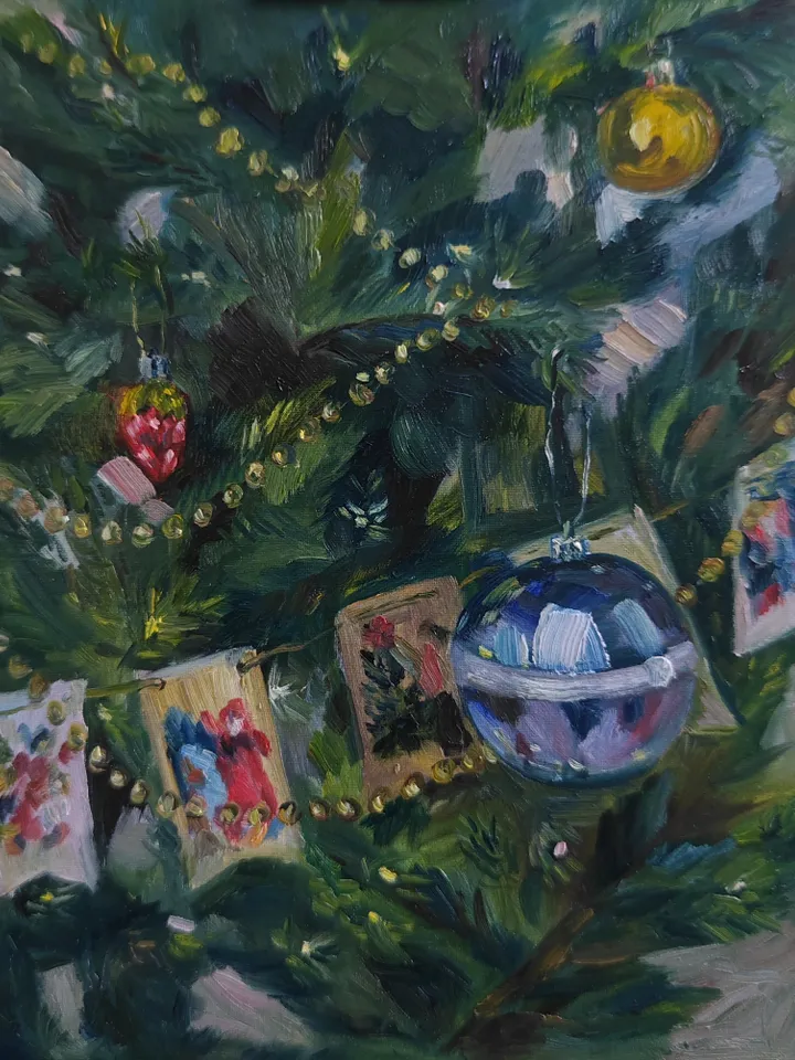Oil painting on cardboard Merry Christmas original artwork