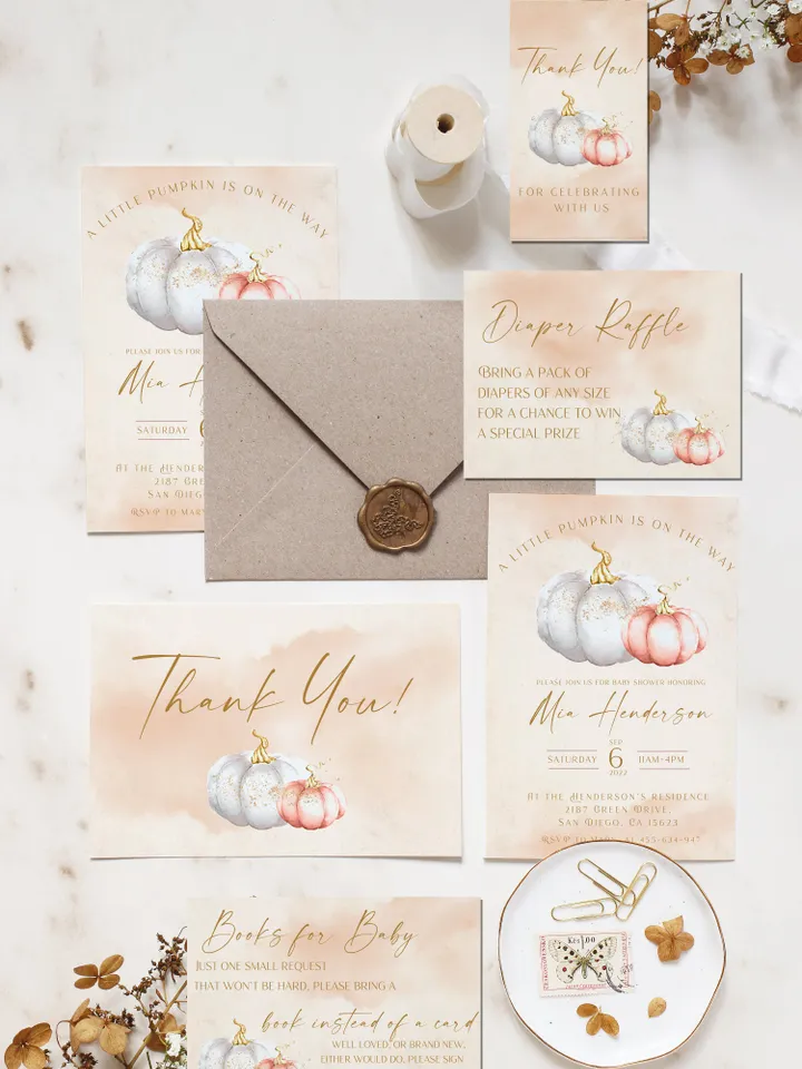 A little Pumpkin on the Way! Autumn Baby Shower Invite; Pink Pumpkin Baby Shower Invitation set; Pumpkin 2022 trend Autumn baby shower kit
