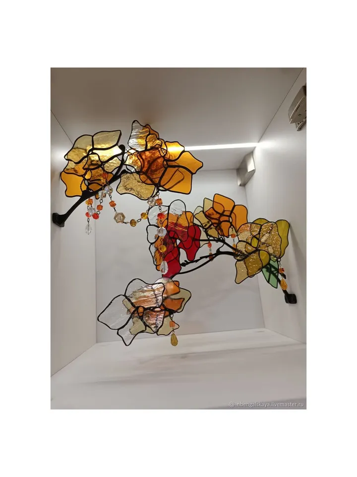 Yellow-Orange 3D Stained Glass Branch, 3D Branch in Yellow and Orange Tones, Handmade Stained Glass Floral Accent, Tiffany Glass Floral Twig in Warm Tones, Multilayer Yellow and Orange Stained Glass Stem, Artistic 3D Glass Flower Composition