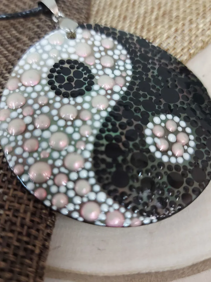 Illuminating Equilibrium: Hand-Painted Dotwork Yin Yang Pendant on Iridescent Mother-of-Pearl - Nacre Symbol of Ethereal Balance and Unity