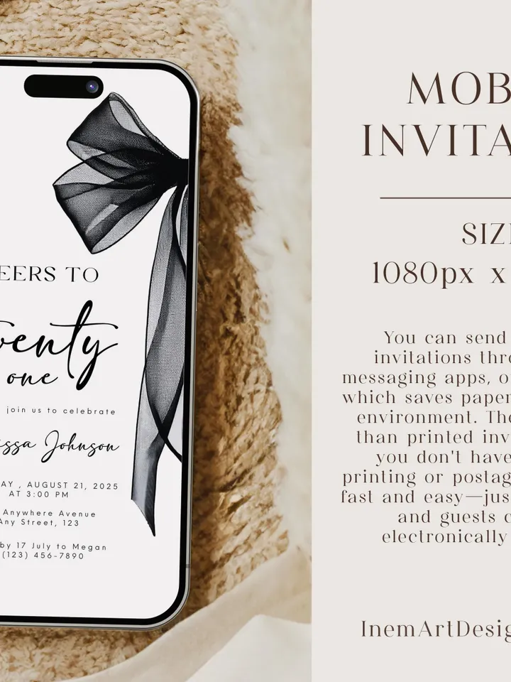 Coquette Black Bow 21st Invitation, Editable Twenty first Birthday Party Invite, DIY Digital Black Ribbon, Cheers to Twenty one Invite