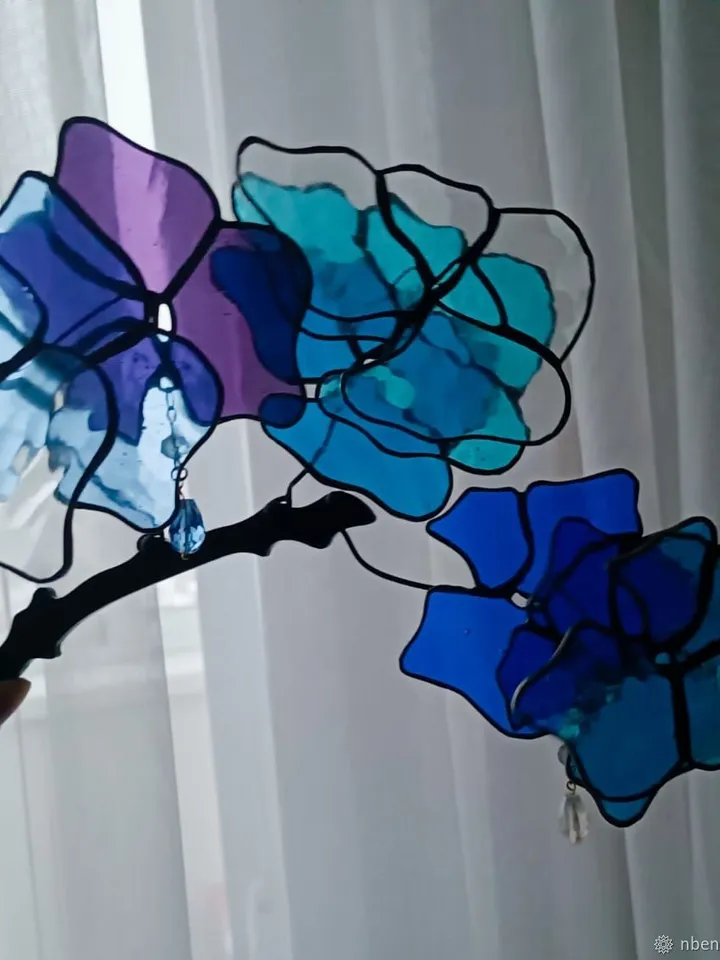 3D Blue-Turquoise Branch, 3D Blue-Turquoise Floral Branch in Stained Glass, 3D Stained Glass Branch with Blue and Turquoise Flowers, Blue and Turquoise 3D Stained Glass Stem, 3D Blue-Green Flowering Branch in Stained Glass, Stained Glass 3D Branch in Blue