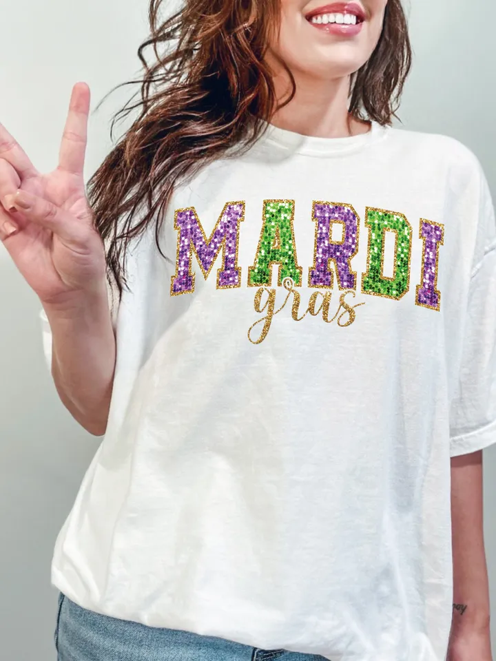 Mardi Gras Faux Sequin Embroidered PNG- Mardi Gras Shirt, Mardi Gras Digital, DTF, Faux Embroidery, Stitch, Matching, Glitter