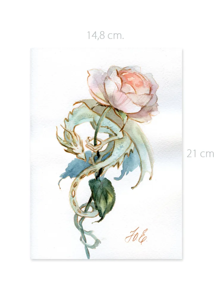 Rose dragon Watercolor painting Original fantasy art by Yulia Evsyukova