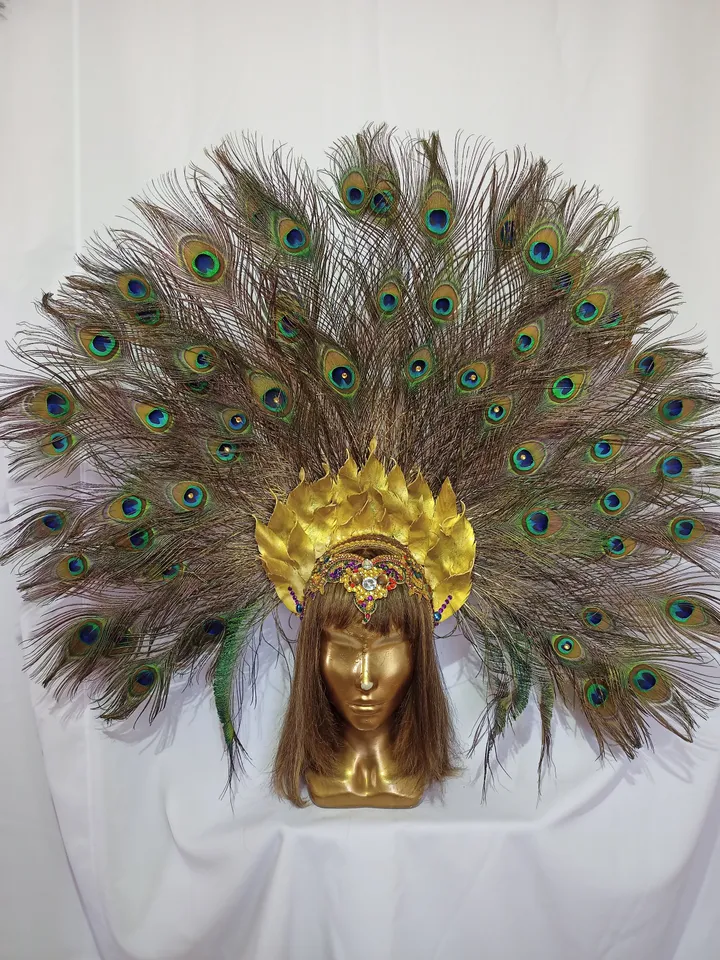 feather headdress, party crown, carnival headdress, brazilian headdress, crown, peacock feathers, peacock feather crown, peacock tail