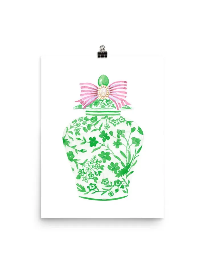 Green Chinoiserie Ginger Jar Vase, Porcelain Wall Art Print, Green Ginger Jar, China Vase Print, Pink And Green Decor Print