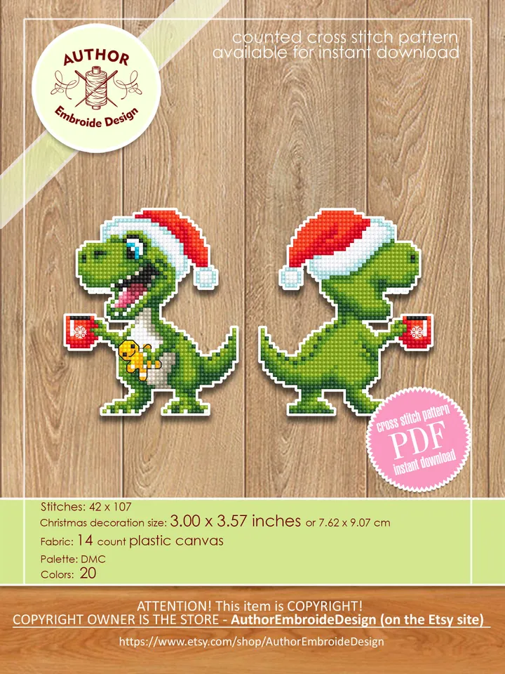 Funny dinosaur christmas cross stitch pattern PDF download Double-sided Christmas tree decor for plastic canvas, Dino pattern T Rex #N132
