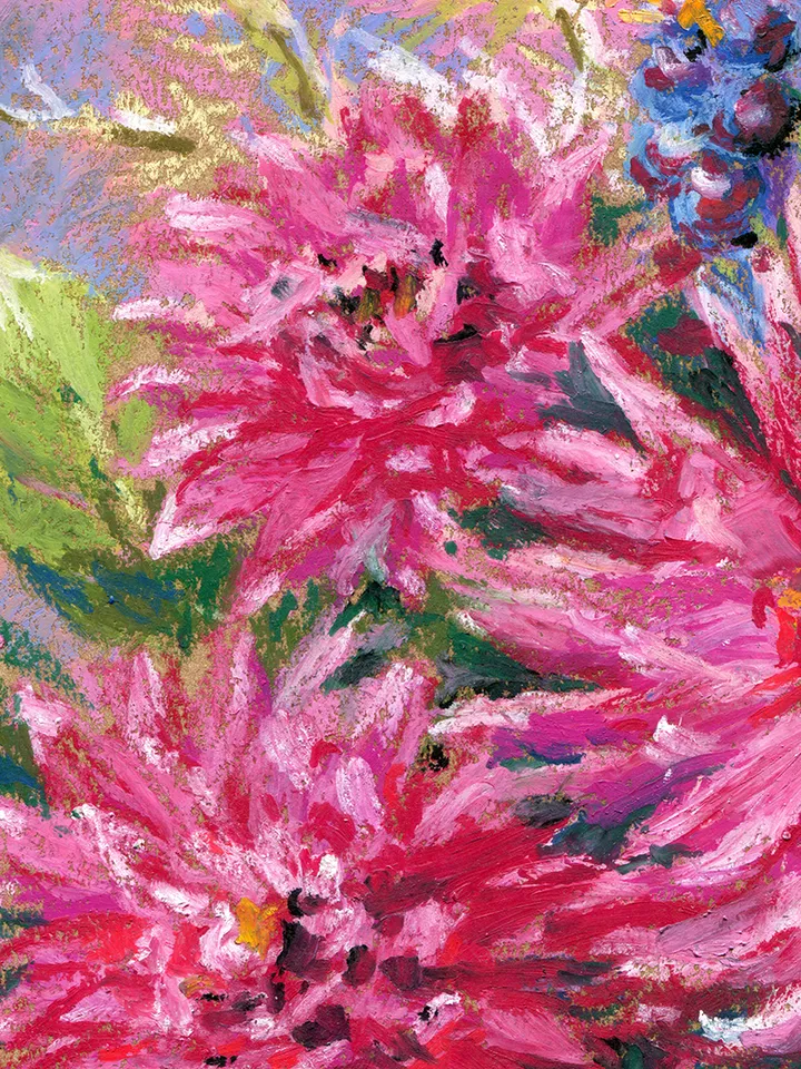 Flowers Bouquet Asters Drawing with oil pastels on A4 craft paper