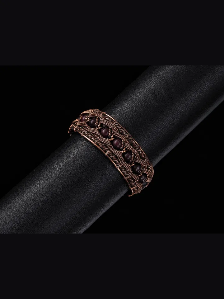 Copper wire wrapped garnet bracelet Unique bangle 7th Wedding Anniversary