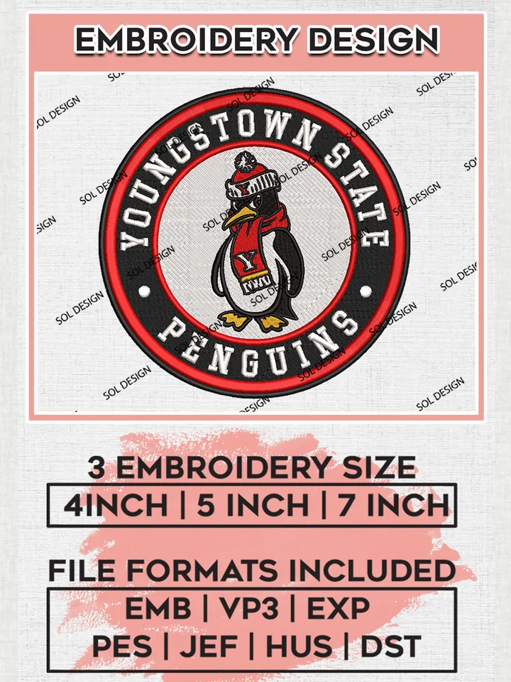 NCAA Youngstown State Penguins Round Logo Embroidery, NCAA Youngstown State Penguins Embroidery Design files, NCAA Teams, NCAA Machine embroidery designs, Digital Download