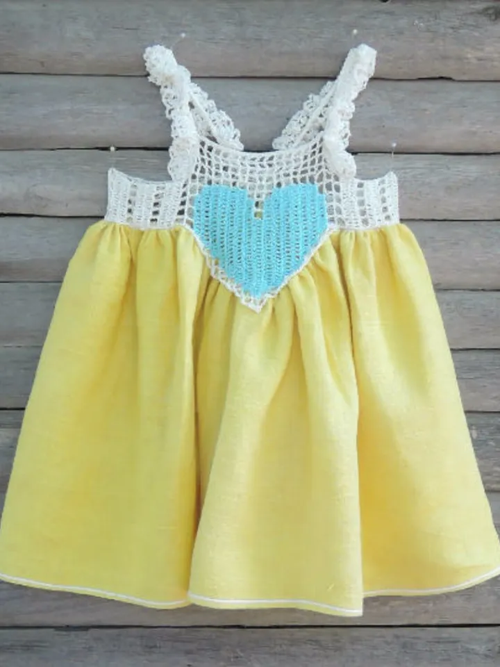 Handmade baby yellow dress, Heart sundress, yellow baby dress, toddler yellow dress, girl linen dress, Princess Party dress