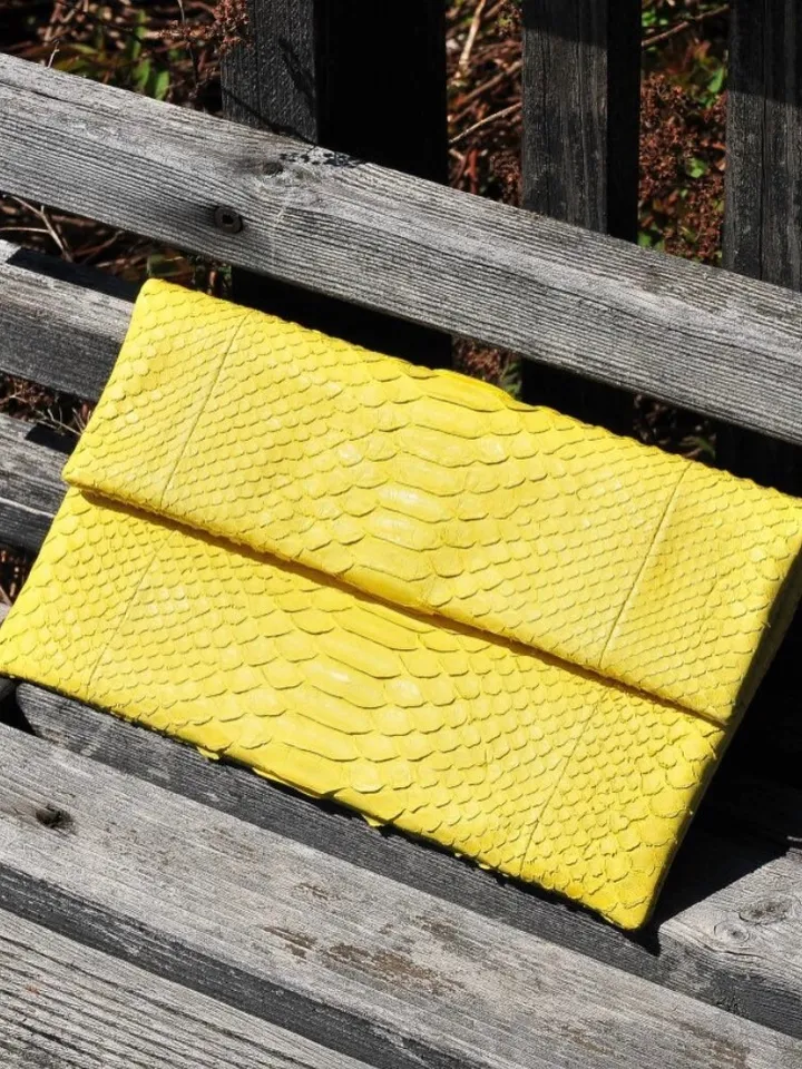 Genuine python skin yellow handmade clutch, classy elegant leather envelope bag, purse free shipping, flat snake leather clutch,small clutch