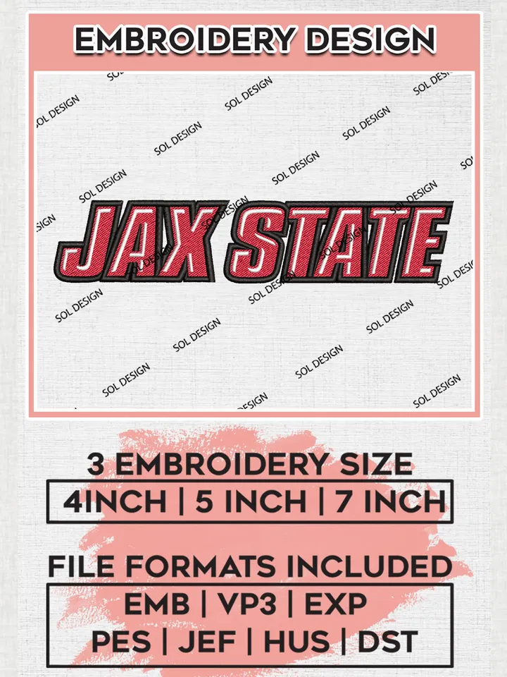 Jax State Gamecocks Team Writing Logo Embroidery Design Files, NCAA Jacksonville State Gamecocks Machine Embroidery, NCAA Teams, Game Day, 3 sizes, NCAA Machine embroidery designs, Digital Download