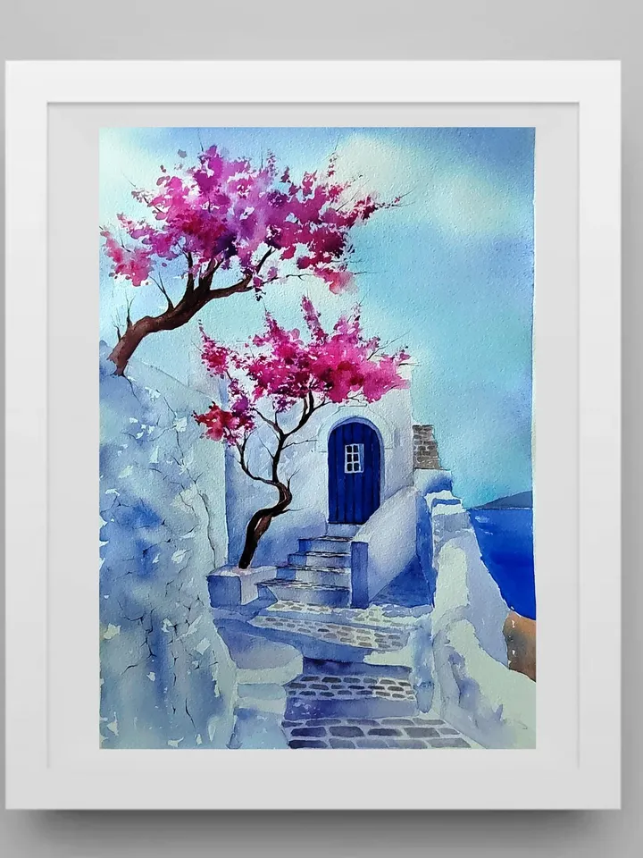 Santorini Painting Original Watercolor Art 11.81x15.74 in by ArtCafe