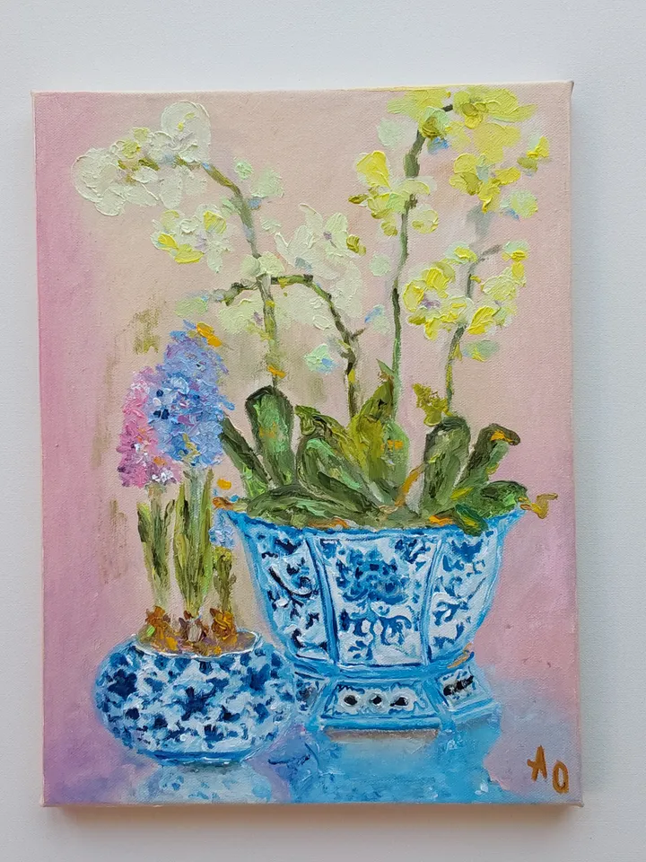 Oil painting on canvas "Still life. Orchid in a Chinese vase" 30x40cm (12x16inch)