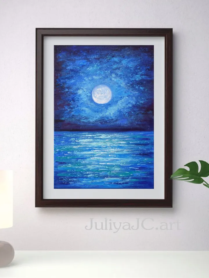 Seascape painting Moonlit night art original oil painting Full moon Night ocean artwork 12 by 8.3 inch by Juliya JC