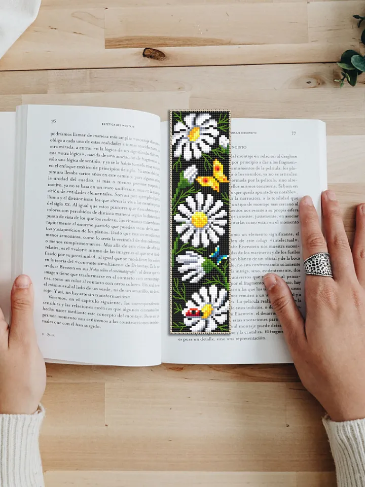 Flower bookmark cross stitch pattern download PDF Chamomile flowers cross stitch chart, Handmade bookmark digital PDF, Floral pattern #B204