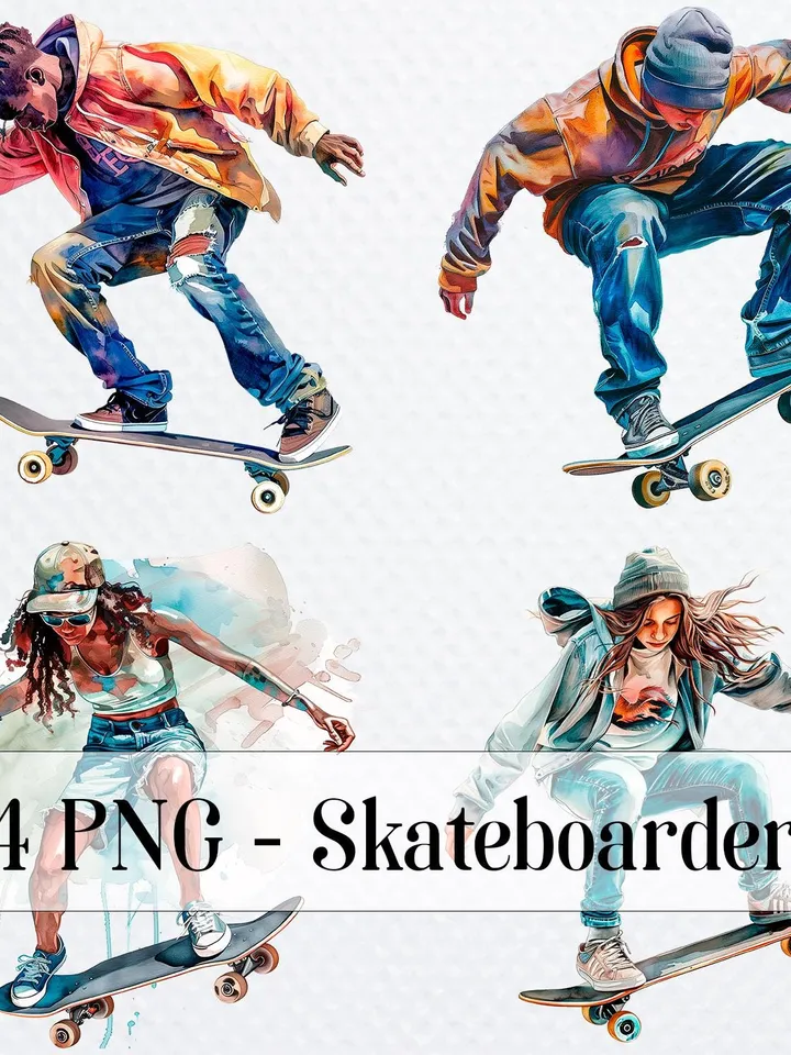 14 Skateboarder Clipart, Skateboarding Urban Art, Printable Watercolor Skateboard clipart for sublimation, Paper craft, junk journal