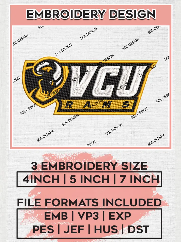 VCU Rams Team Mascot Logo Embroidery Design Files, NCAA VCU Rams Machine Embroidery, NCAA Teams, 3 sizes, Game Day, NCAA Machine embroidery designs, Digital Download