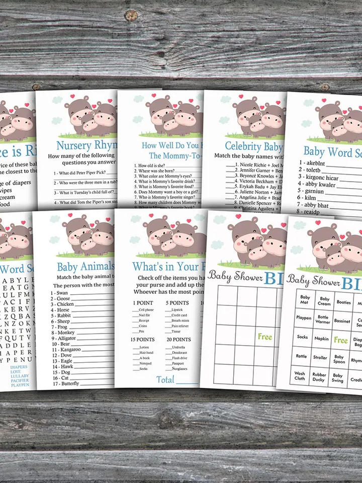 Safari baby shower games bundle,Hippo Baby Shower games package,Fun Baby Shower Games,9 Printable Games-289