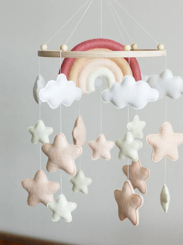Handcrafted Custom Rainbow, Stars and Cloud Baby Mobile - Soft Felt Nursery Decor