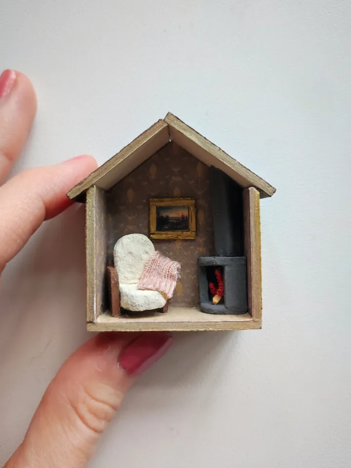 Micro Hall with Fireplace Miniature Doll House With Furniture scale 1/100
