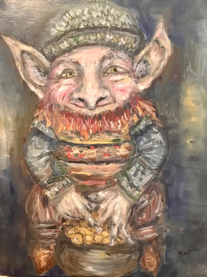 Leprechaun with a pot of gold,original oil painting on stretched canvas,home decoration,gift.