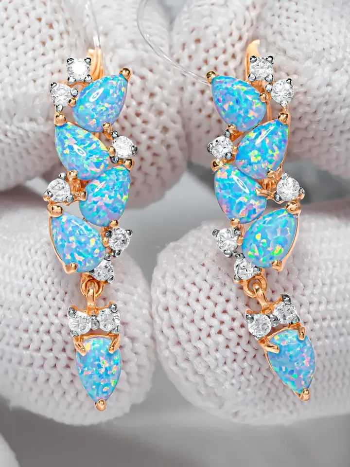 Earrings jewelry Silver gold plated 925 assay value with opal and cubic zirconia