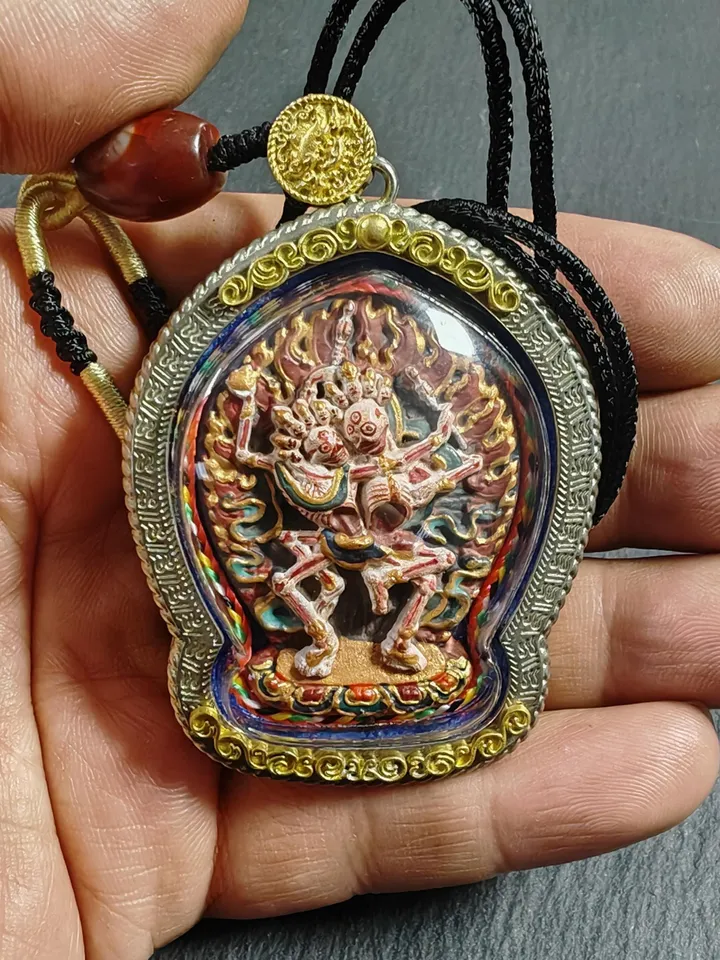 Gandhanra Hand Painted Tibetan Gau Ghau Shrine,Consecration Citipati Skull Lords Amulet,Mini Tibetan Buddhist Altar Pendant