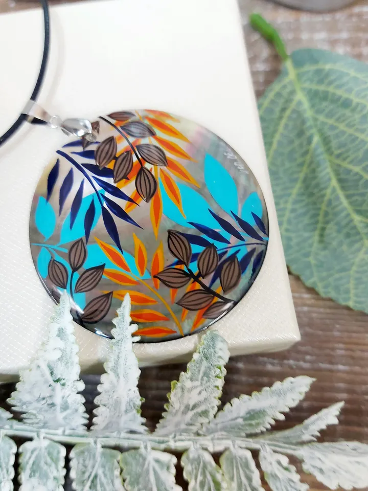 Pearl pendant necklace: Fall leaves motif painted on handmade necklace. Autumn pendant for dainty dress. Nature jewelry handcrafted on shell