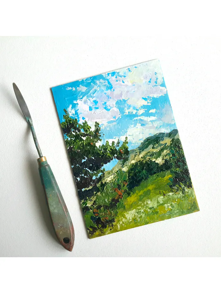 Pine Tree Original Oil Painting Small Landscape Impasto Wall Art.
