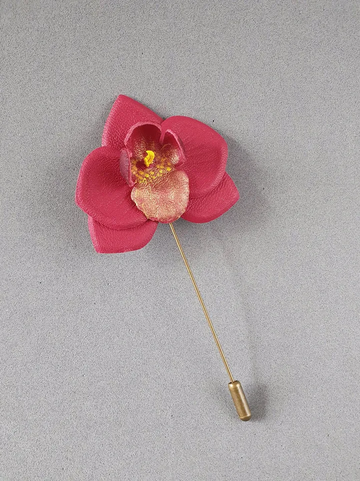 Burgundy orchid men's lapel pin Leather boutonniere for him 3rd anniversary gift, art.54