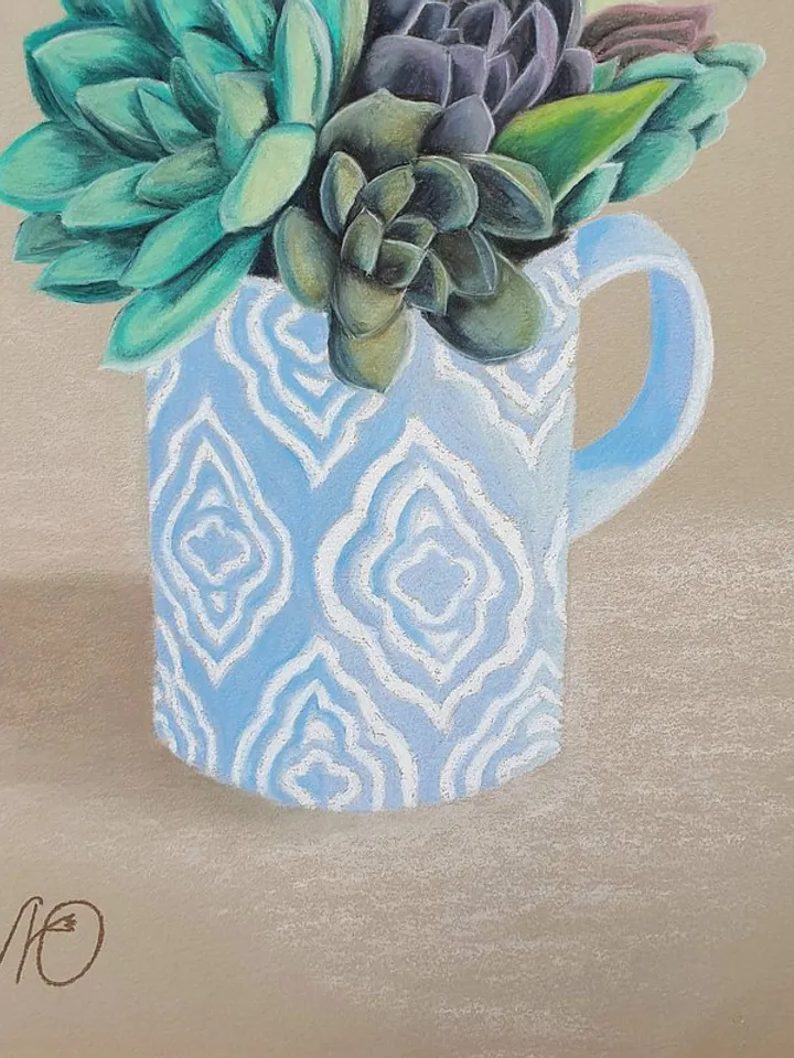 Succulent Painting Cup Original Art Cactus Wall Art Floral Soft Pastel Painting