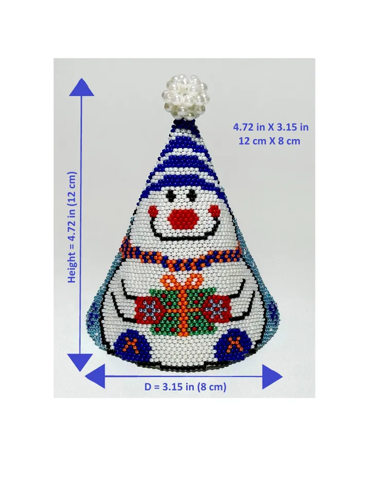 Tutorial 3D Cone "Snowman with a Gift", Brick Stitch, Czech beads Preciosa 10/0, Home decor, Christmas tree toy, Instant Download, PDF file