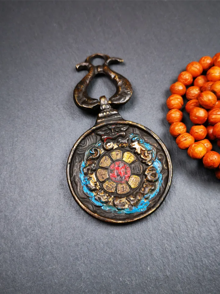 Gandhanra Vintage Tibetan Buddhist Calendar Badge,Panjaranata Mahakala Melong Mirror, SIPAHO Amulet(srid pa ho),Made of Brass,1.89&quot;