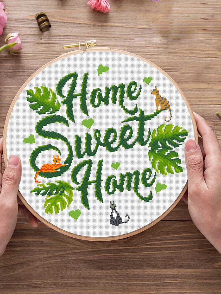 Home sweet home cross stitch pattern download PDF Cute cat cross stitch Monstera leaf xstitch chart Modern home decor Plant lover gift #Q23